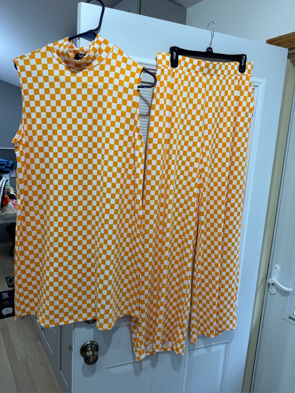 Dressed in Lala Checkered Orange & White Sleeveless Top and Wide-Leg Pants Set
